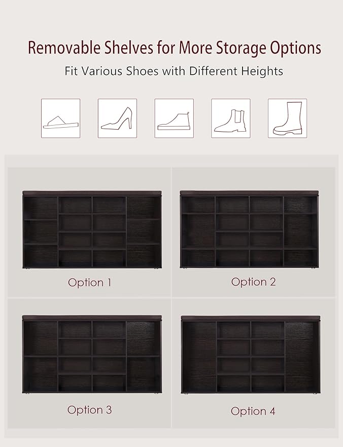 DINZI LVJ Shoe Storage Bench with Cushion, 14-Cubby Shoe Rack, Adjustable Shelves, Multifunctional Shoe Organizer Bench for Entryway, Mudroom, Hallway, Living Room, Bedroom and Garage, Espresso