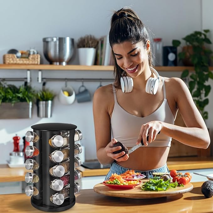 EBIZ&TECH 20-Jar Stainless Steel Rotating Spice Rack with Non-Slip Base - Kitchen Countertop Organizer for Easy Access and Storage of Spices (Black)