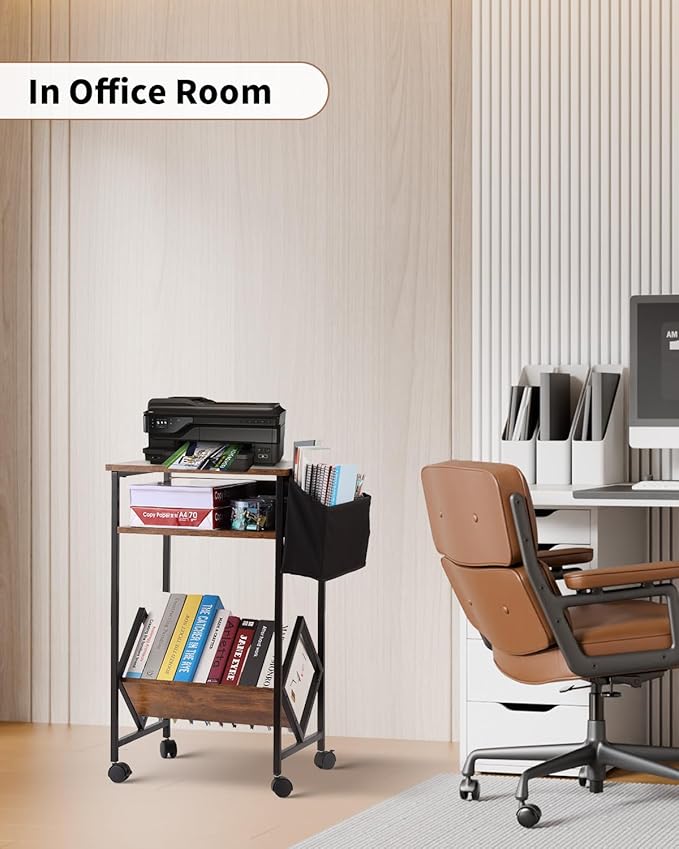 KATHY&BOB 3-Tier Printer Stand Mobile File Cabinet for Home Office with Side Storage Bag, Rolling Filing Cabinet with Open Storage Shelf, Fits A4 or Letter Size, Brown Under Desk Organizer