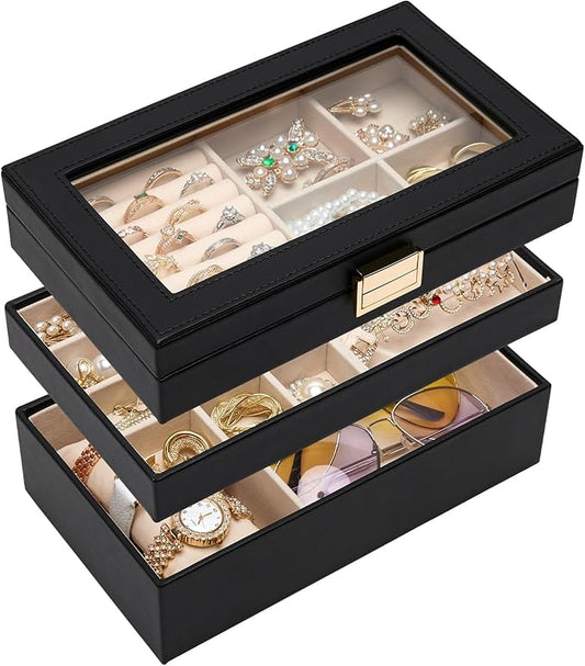 Homde Jewelry Tray Stackable Jewelry Box with Glass Lid, Removable Dividers for Vanity Table Gift Idea for Girls and Women (Black)