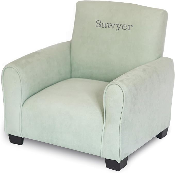 Toddler Personalized Armchair, Kids Upholstered Rocking Chair with Personalization, Toddler Chair with Personalized Name, Comfy Child Armchair, (Seafoam Green Suede, Legs)