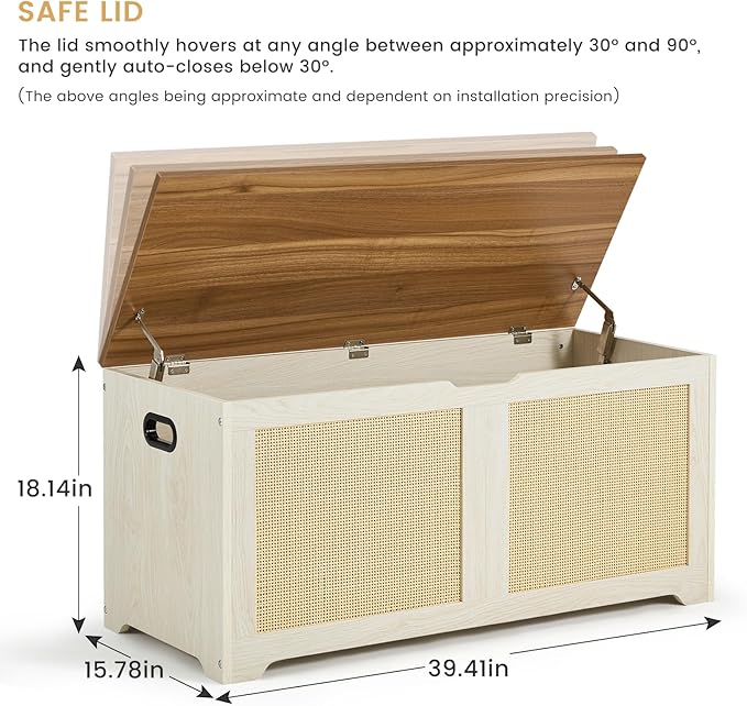 EROMMY Storage Chest, 39.4" Rattan Storage Bench with 2 Safety Hinges, Shoe Bench for Entryway, Bedroom, Living Room, Supports 300 lb