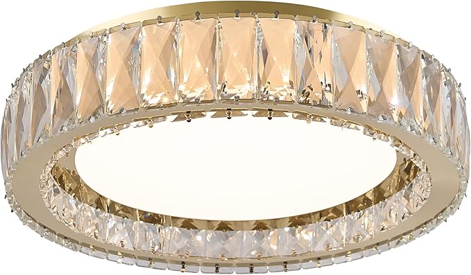 15 Inch Dimmable LED Crystal Flush Mount Ceiling Light,Modern Gold 36W 5CCT 3000K-6000K Chandelier Large Round Lighting Fixtures for Bedroom,Living Room,Laundry Room,Dining Room