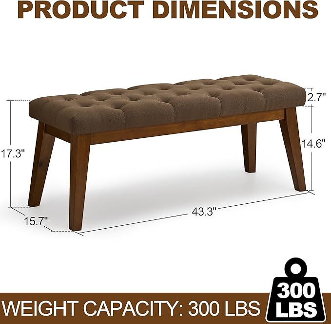43.5'' Linen Bedroom Bench, Upholstered End of Bed Bench with Tufted Button, Padded Vintage Dining Bench, Entryway Bench with Solid Wood Legs, Kitchen, Living Room, Hallway, Brown Tufted
