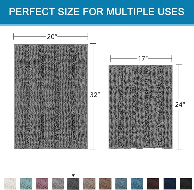 Non Slip Thick Shaggy Chenille Bathroom Rug Mat Set Extra Soft and Absorbent Striped Floor Rugs, 2 Piece, Machine-Washable