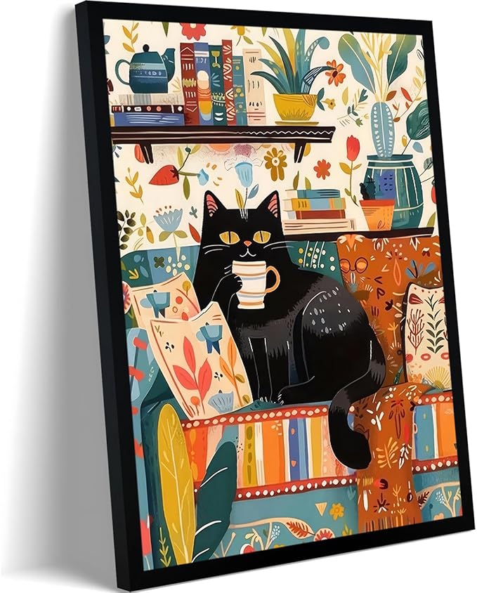 Framed Vintage Cat Canvas Wall Art, Funny Pink Animal Reading Books Painting Picture Print, Cute Kitten Lovers Aesthetic Wall Decor for Nursery Girls Room Bedroom Kids Room 24''L x 16''W