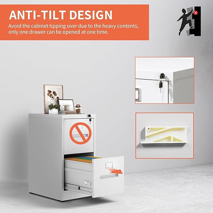 2 Drawer File Cabinet with Lock, Metal Filing Cabinets for Home Office, Vertical Narrow File Cabinet Lockable Steel Storage Cabinets for Letter/Legal/F4/A4 Size, Assembly Required(White)