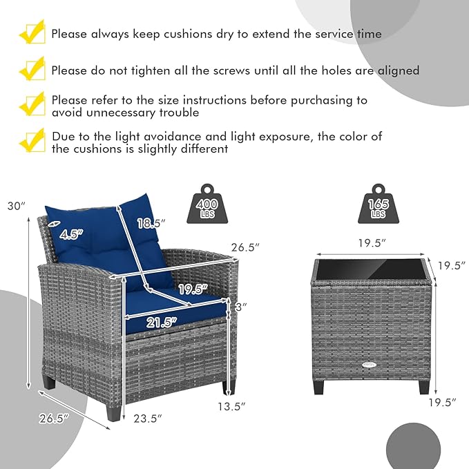 Tangkula 3 Pieces Patio Furniture Set, Outdoor PE Rattan Conversation Chair Set with Tempered Glass Side Table and Removable Cushions, PE Wicker Chairs and Table Set for Porch, Balcony and Garden