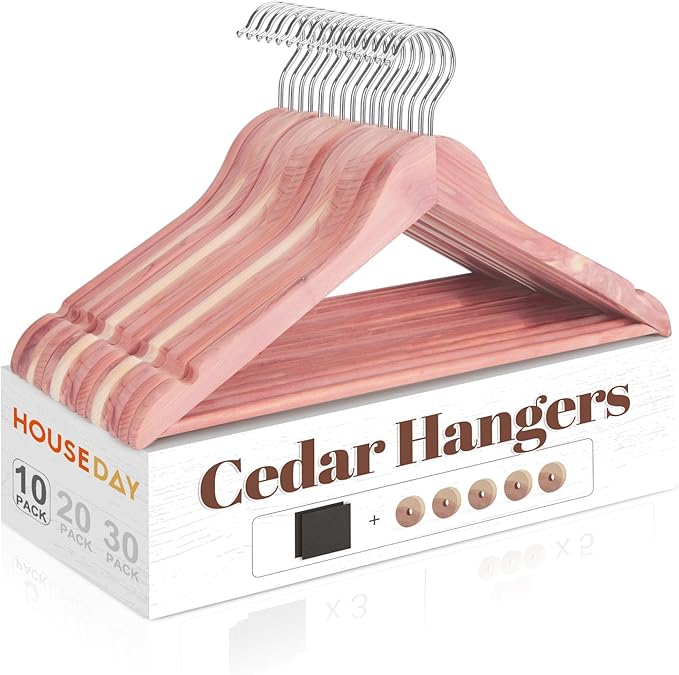 HOUSE DAY Cedar Hangers for Closet, Smooth Cedar Wood Hangers 10 Pack with Rings, 360° Swivel Hook, U-Shape Notched, Non Slip Pant Bar, Sturdy Wooden Clothes Hanger for Coats, Dresses, Suits