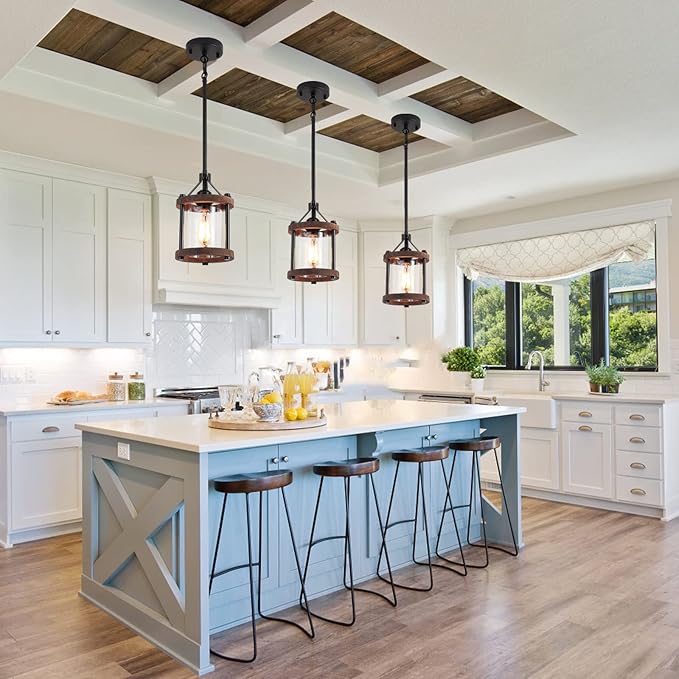 SGLfarmty Farmhouse Pendent Lights for Kitchen Island, Rustic Black and Wood Light Fixtures with Glass, Bronze Pendant Lamps Over Table, Chain Hanging Light for Dining Room, Sink, Bar, 1 Pack