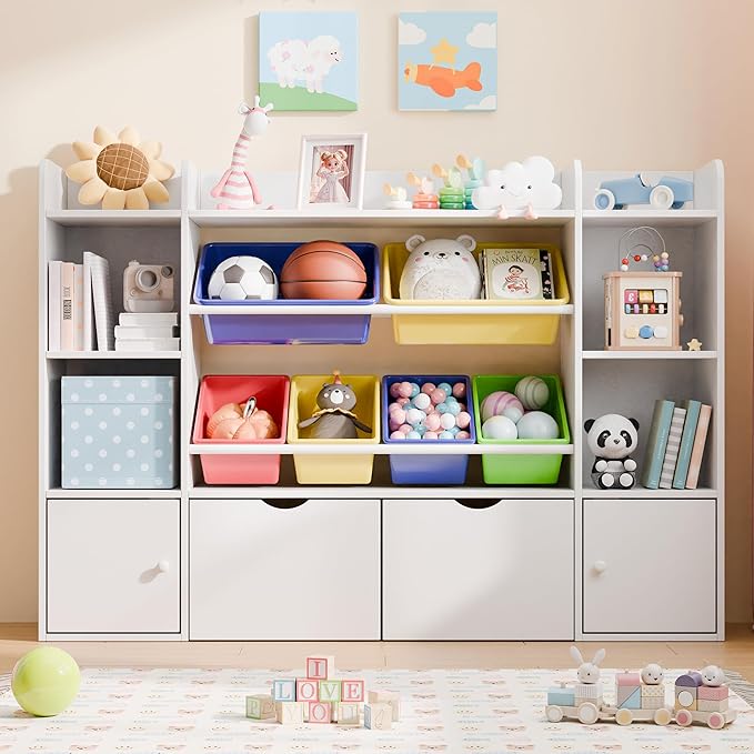 Xilingol Kids Toy Storage Organizer W/6 Removable Toy Bins, 4-Tier Toy Organizers W/6 Storage Cubbies and 2 Movable Drawers, Kid Bookshelf and Toy Storage for Playroom, Bedroom, Kids Room (Multicolor)