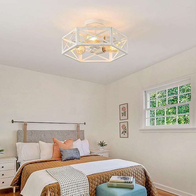 3-Light Flush Mount Ceiling Light Fixture, Modern Close to Ceiling Light with White Metal Hexagon Cage, Farmhouse Ceiling Light for Bedroom, Hallway, Entry, Foyer, Kitchen