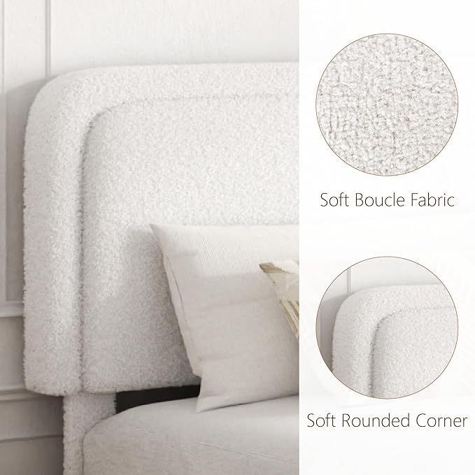 King Size Bed Frame with Headboard Adjustable, Boucle Upholstered Platform King Bed Frame, Anti-Collision Soft Rounded Corners, No Box Spring Needed, Noise-Free, Easy Assembly, White