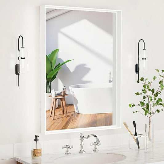 20x28 Inch Bathroom Mirrors for Over Sink, Rectangular Vanity Mirror, Matte White Framed Mirrors for Wall, Tempered Glass, Anti-Rust Home Decor Mirror(Horizontal/Vertical)