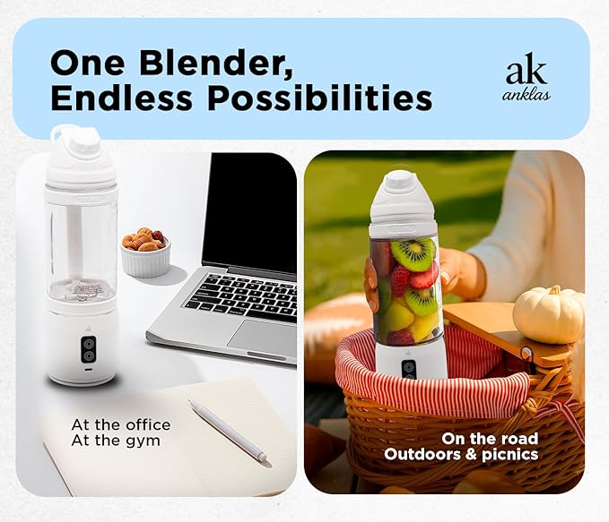 Rechargeable Smoothie Blender 700ml – Portable Mini Travel Blender for Shakes and Smoothies with Six Stainless Steel Blades and USB Charging (White)