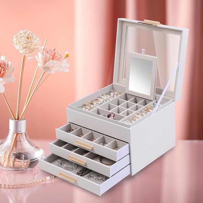 BOOVO Clear Lid Jewelry Box,4 Layers Jewelry Organizer Large Jewelry Storage Box with 3 Drawers,Jewelry Holder Organzier of Rings Earrings Necklace Bracelets for Women (White, 4 Layer)