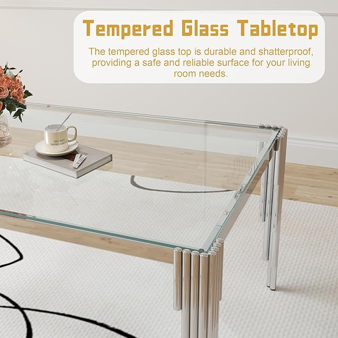 51" Rectangle Glass Dining Table for 4-6, Modern Silver empered Glass Kitchen Table with Stainless Steel Legs for Home Office Kitchen, Living Room
