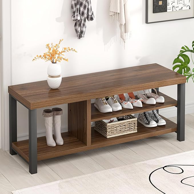 FOLUBAN Shoe Bench, Modern Wood and Metal Storage Bench for Entryway Hallway, Industrial Indoor Shoe Rack Bench Seat for Bedroom, Living Room, Rustic Walnut, 43.3 Inch