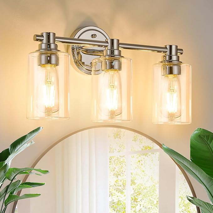 Bathroom Light Fixtures Wall Sconce Light with Clear Glass Chrome 3 Lights Bathroom Lighting Over Mirror Vanity Lights for Living Room,Bedroom,Restroom,Hallway E26 Base