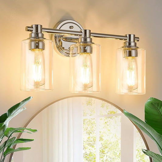 Bathroom Light Fixtures Wall Sconce Light with Clear Glass Chrome 3 Lights Bathroom Lighting Over Mirror Vanity Lights for Living Room,Bedroom,Restroom,Hallway E26 Base