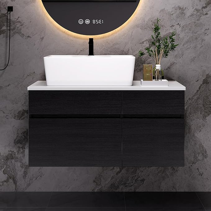 Goujxcy 31.5" Wall Mounted Bathroom Vanity with Sink, Modern Floating Bathroom Cabinet with Ceramic Sink & Storage, Wood Hanging Bath Room Cabinet with Soft-Close System (White & Black)