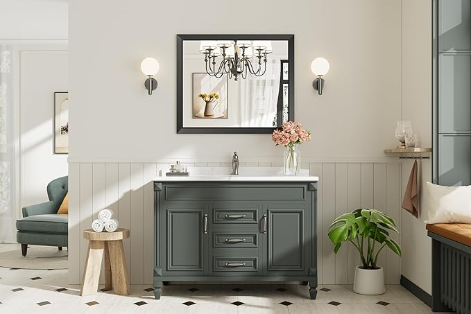 36x30 Inch Black Bathroom Mirror for Wall, Thick Metal Framed Rectangle Mirrors for Over Sink, Bedroom, Living Room, Entryway, Anti-Rust, HD Tempered Glass