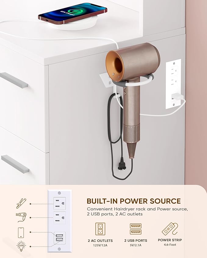 Makeup Vanity Desk Set, 35.4“Wx15.7”Dx53.9“H, White (Smart LED Mirror, with Cushion Stool, Hairdryer Rack, Power-Outlet, 4 Drawers, Open Shelves)