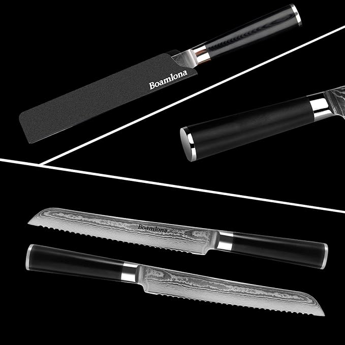 Damascus kitchen Knife, Japanese VG10 Steel Core, Sturdy & Durable G10 Handle, Real 67 Layer of Patterns, Includes Sheath and Gift Box (8" Bread Knifee)