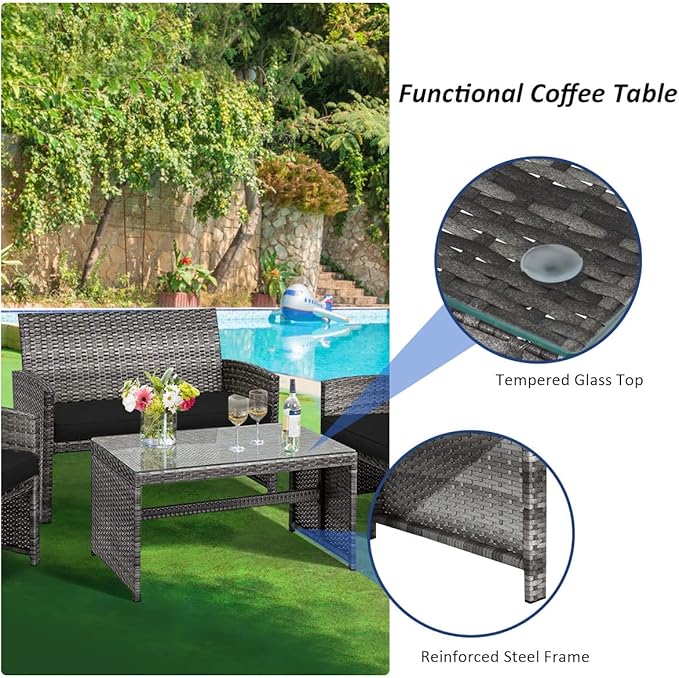 Tangkula 4 PCS Wicker Patio Conversation Set, Outdoor Rattan Sofas with Table Set, Patio Furniture Set with Soft Cushions & Tempered Glass Coffee Table for Poolside Balcony