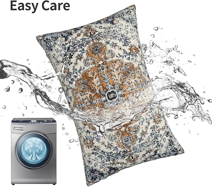 Gold Blue Boho Throw Pillow Covers 12x20 Set of 2, Carpet Pattern Pillow Covers Ethnic Rustic Farmhouse Cushion Cases Linen Decorative Gifts for Couch Sofa Indoor Outdoor