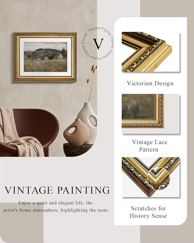 VIYYIEA Gold Framed Wall Art Canvas Print Home Decor Vintage Landscape Art Prints Wall Decor Abstract Serene Countryside Scene Wall Prints Mid Century Modern Decor for Living Room Bedroom 11x14in