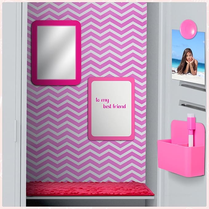 Locker Accessories Kit Back to School Essentials Include Magnetic Wallpaper Mirror Locker Carpet Whiteboard with Dry Erase Marker and Locker Organizer Supplies for Girls School Office (Rose Red, Pink)