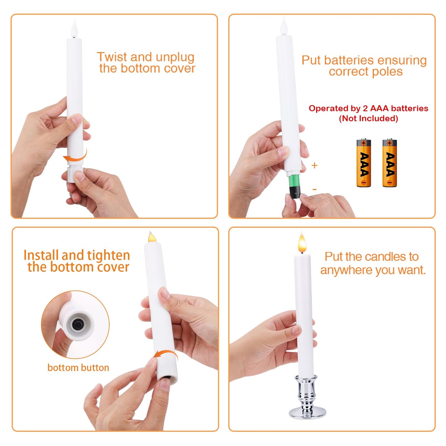 LED Flameless Window Candles with Remote Timer Sliver Base 10 PCS Battery Operated Flickering Taper Candle Lights with Removable Candle Holders Best Gift for Xmas Wedding Home Dinner Décor