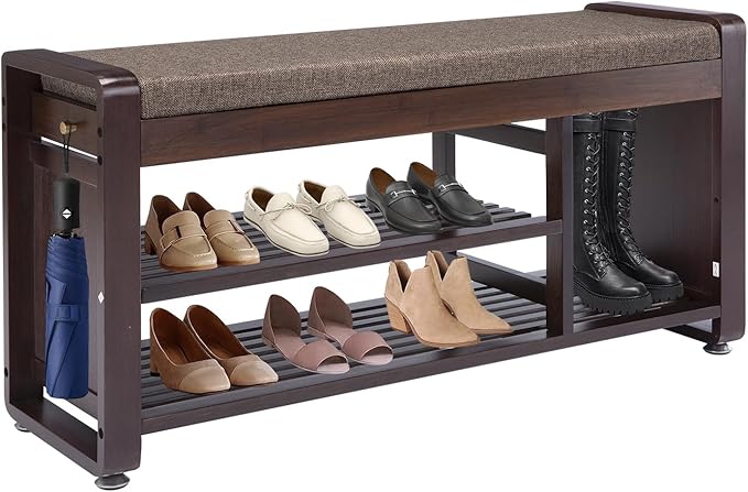 Bamboo Shoe Storage Bench, 3-Tier Shoe Rack with Padded Seat Cushion, Shoe Organizer Shelves for Entryway, Living Room, Bedroom, Hallway, Grey 37.4”