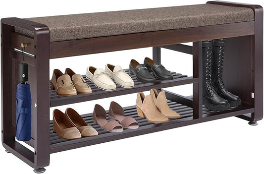 Bamboo Shoe Storage Bench, 3-Tier Shoe Rack with Padded Seat Cushion, Shoe Organizer Shelves for Entryway, Living Room, Bedroom, Hallway, Grey 37.4”