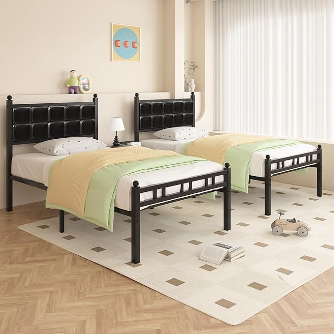 VECELO 2 Set Bed Frame Twin Size, Faux PU Leather Platform Beds with Upholstered Headboard and Footboard, Strong Slats Support, 12" Underbed Storage, Noise-Free, No Boxing Spring Needed, PU Black