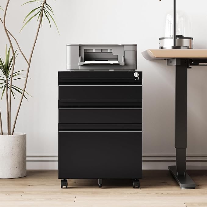 3 Drawer File Cabinet，Mobile Filing Cabinet with Lock and Wheels，Un-Assembled Metal Under Desk File Cabinets for A4/Letter/Legal Size（Black