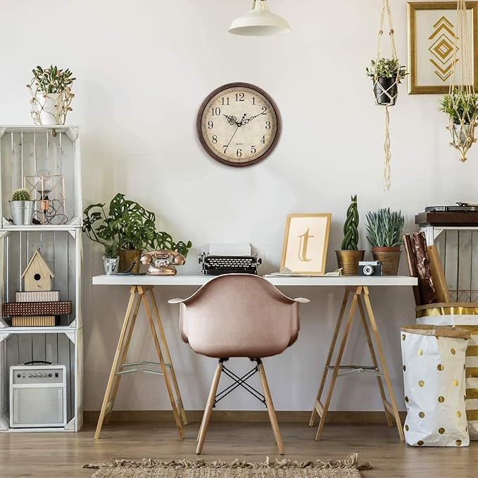 Bernhard Products Vintage Brown Wall Clock Silent Non Ticking 12 Inch Quality Quartz Battery Operated Round Decorative Easy to Read for Home Kitchen Living/Dining Room Bedroom Office Classroom School