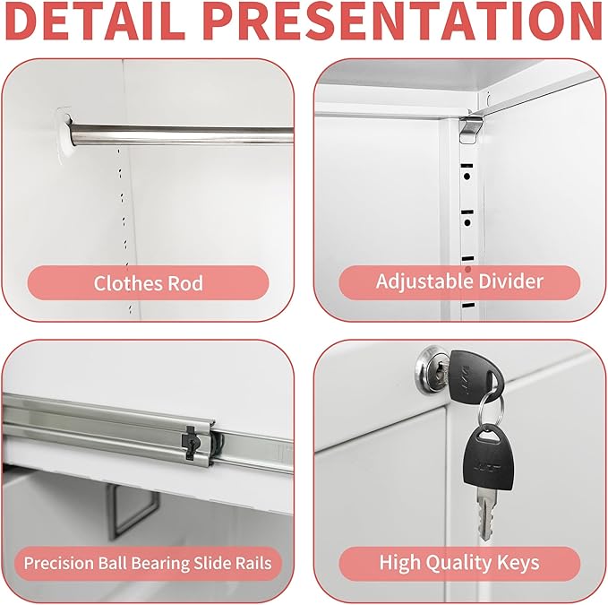 Locking File Cabinet with 4 Drawers and 1 Door,White Metal Storage Locker Cabinets for Employees,Home Office Filing Cabinets for Legal/Letter Size Files, Assembly Required