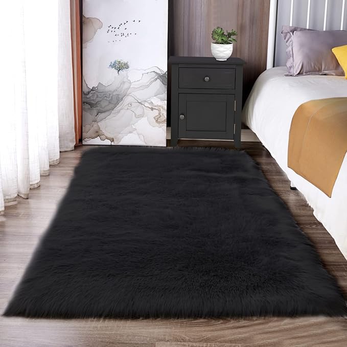 Latepis Black Fluffy Small Fur 3x4 Area Rug for Bedroom Bedside Washable Rugs Fuzzy Shaggy Rug for Living Room Soft Boho Rugs Luxury Home Decor