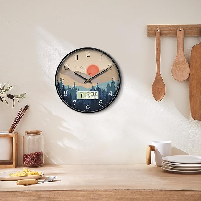 Silent Wall Clock with Day Week Temperature Wilderness with Sunset Non-ticking Battery Operated Large Digital Modern Clocks Display with Calendar and Date for Kitchen Farmhouse Bathroom Office 14 Inch