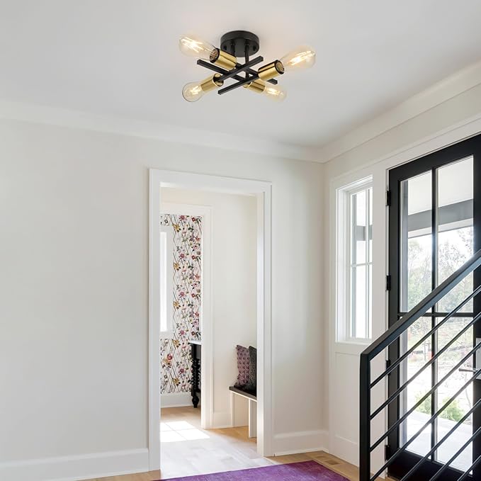 WILON Semi Flush Mount Ceiling Light Fixture, Modern Flush Mount Ceiling Lights, 4-Light Black and Gold Sputnik Ceiling Light Fixture with E26 Bulb Base for Hallway Farmhouse Kitchen Bedroom