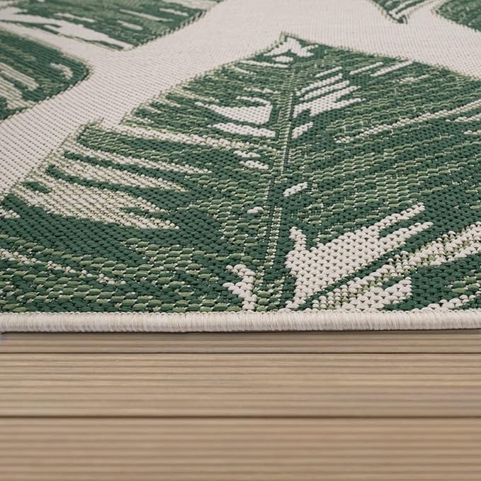 Paco Home Tropical Outdoor Rug Jungle Leaves Design for Patio in Green Beige, Size: 7'10" x 11'2"