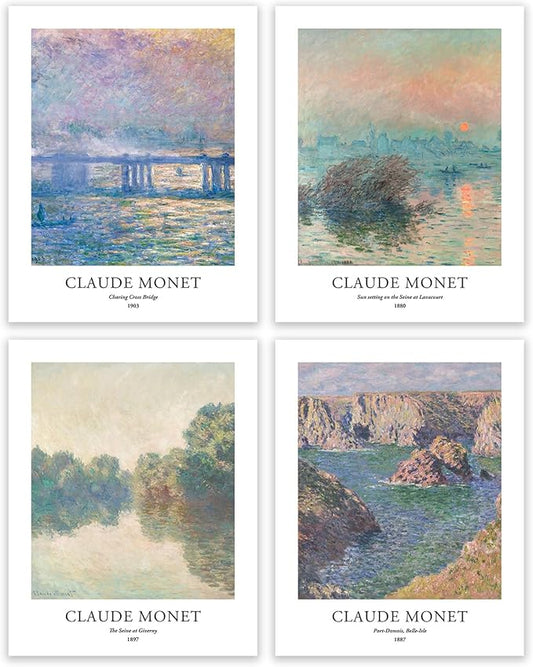 EVOLE HOME Claude Monet Giclée Art Print Set - 4 Unframed 11x14 Inch Impressions on Premium Matte Art Paper Artwork for Living Room Bedroom Dining Room Decor