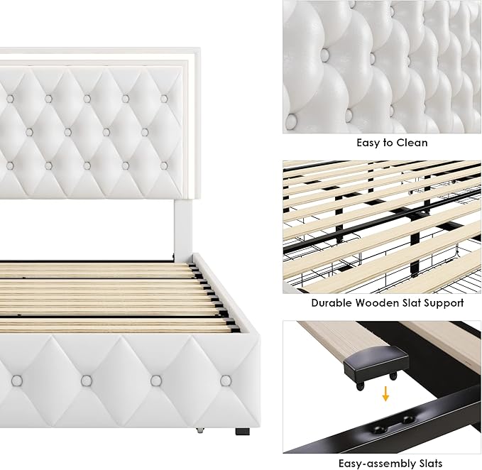 Keyluv Queen Upholstered LED Bed Frame with 4 Drawers, Pu Leather Platform Storage Bed with Adjustable Button Tufted Headboard and Solid Wooden Slats Support, No Box Spring Needed, White