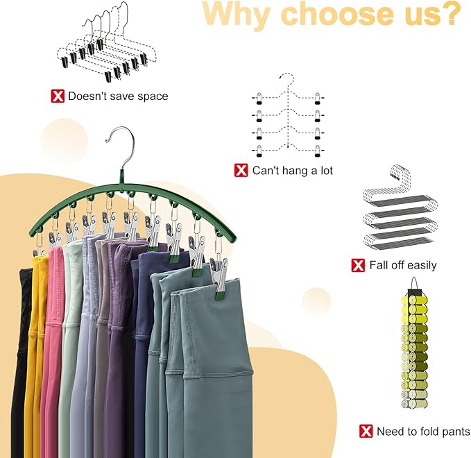 Legging Organizer for Closet, Metal Yoga Pants Hangers 1 Pack w/10 Clips Holds 10 Leggings, Space Saving Hanging w/Rubber Coated Closet Organizers and Storage, Green