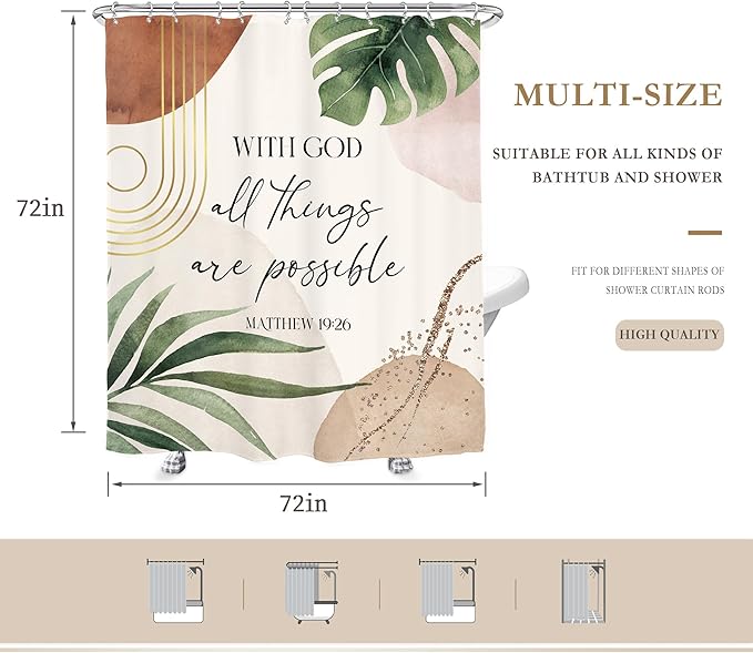 Glawry Boho Bible Verse Shower Curtain Inspirational Scriptures Quotes Abstract Tropical Palm Leaf Mid Century Bathroom Christian 72Wx72L Inches Bath Accessories Art Home Decor Fabric 12 Pack Hooks