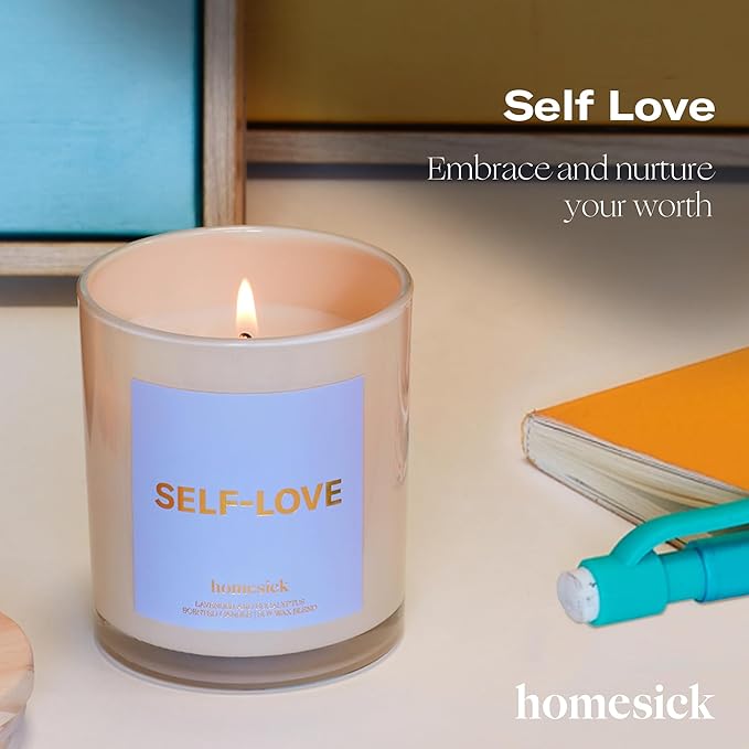 Homesick Scented Candles for Home (Self-Love) - 7.5 oz Long-Lasting Natural Soy Wax Blend Jar Candle Gift for Women & Men for All Occasions, 30-35 Hours Burn Time - Notes of Eucalyptus & Lavender