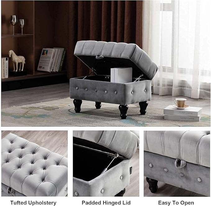 Artechworks Rectangular Storage Coffee Table Ottoman,Button Tufted Upholstery Footstool Bedroom Ottoman for Living Room, Home Office, Space-Saving Storage Toy Box Stool, Grey