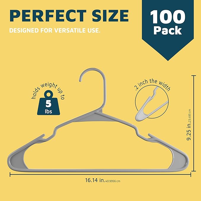 Plastic Clothes Hangers – Heavy Duty Hanger Set, for Organizing Clothes, Dresses, and Coat, Holds Up to 5 lbs, Space-Saving Hangers with Non-Slip Shoulder Grooves, Pack of 100, Gray
